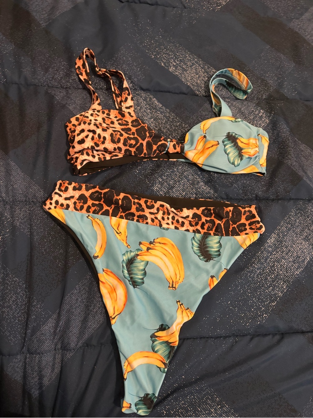 SHEIN Teal Banana Print Bikini with Leopard Trim
